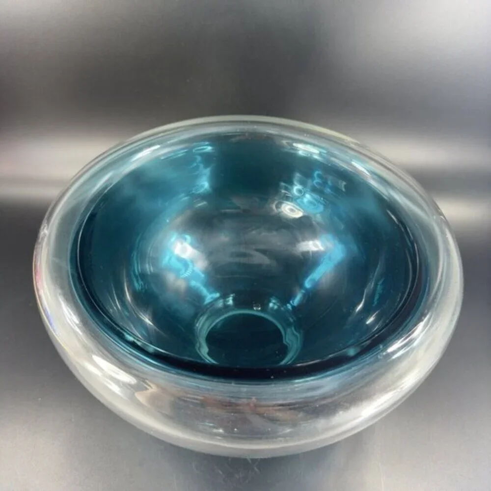 Hollow Cyan Blue Crystal‎ Vacuum Formed Double Wall Glass Bowl Dish Centerpiece